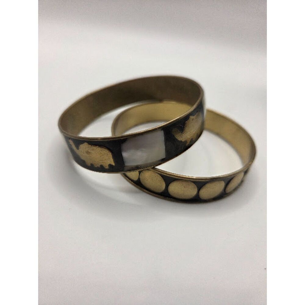 1907.  Vintage 1970s Brass Elephant Bangle Bracelet Set Mother of Pearl Inlay